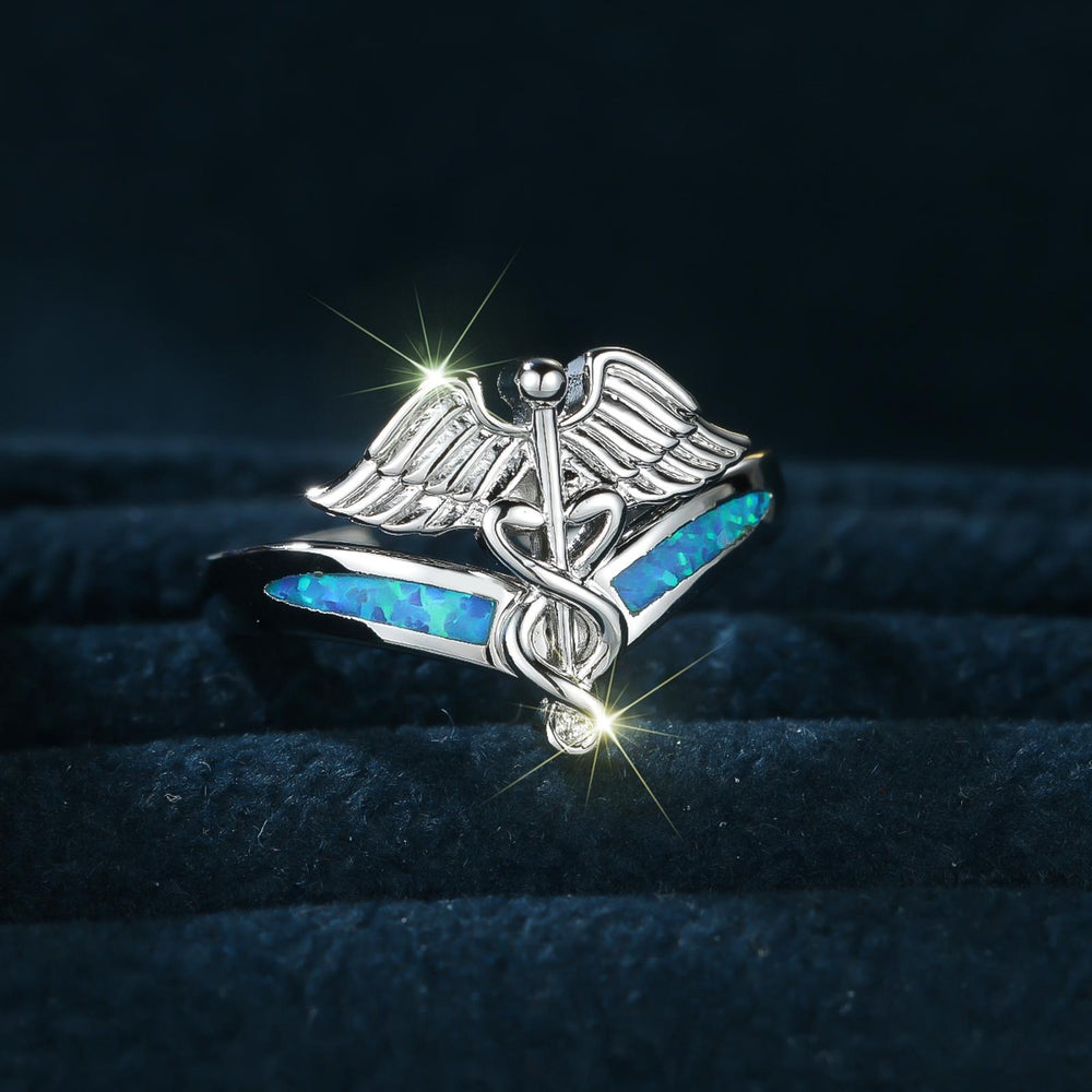 Silver-Tone Open Blue Simulated Opal Angel Ring
