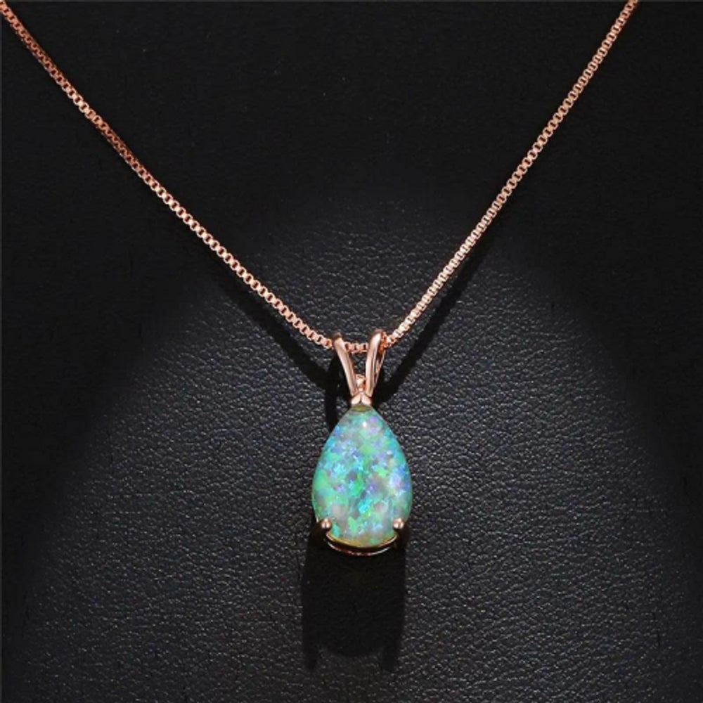 Rose Gold-Tone Green Teardrop Simulated Opal Heart Necklace