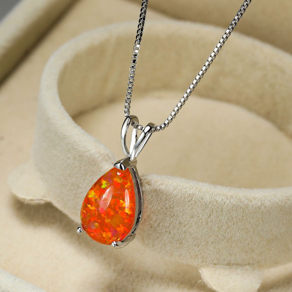 Silver-Tone Orange Simulated Opal Teardrop Solitaire Pendant Necklace