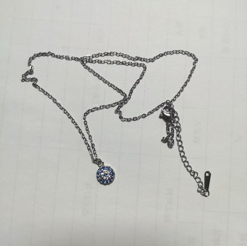 Silver-Tone Blue and White Crystal Pave Round Disc Pendant Necklace