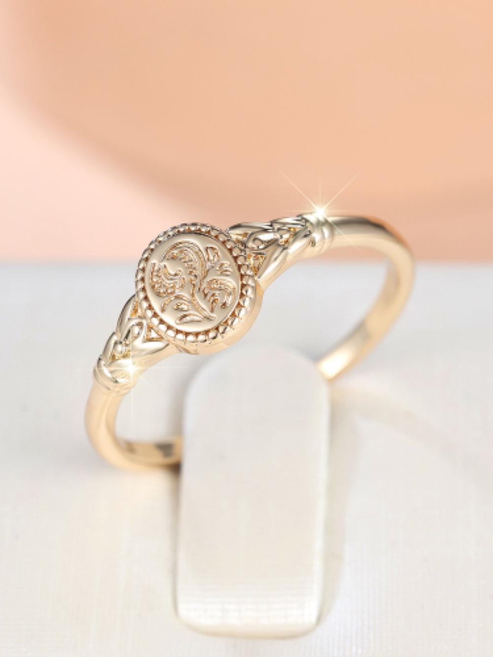 Gold-Tone Polished Engraved Floral Oval Signet Ring