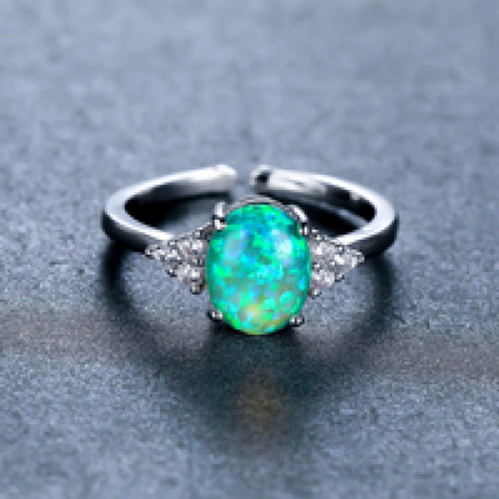 Silver-Tone Open Green Oval Simulated Opal Ring