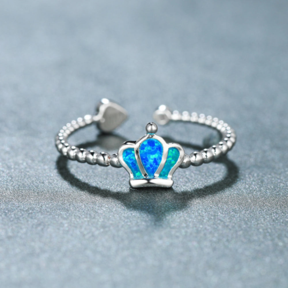Silver-Tone Blue Simulated Opal Crown Beaded Adjustable Open Ring