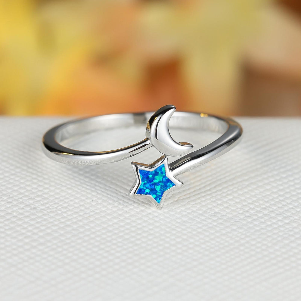 Silver-Tone Open Blue Simulated Opal Star Ring