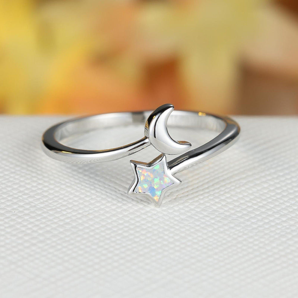 Silver-Tone Open White Simulated Opal Star Ring