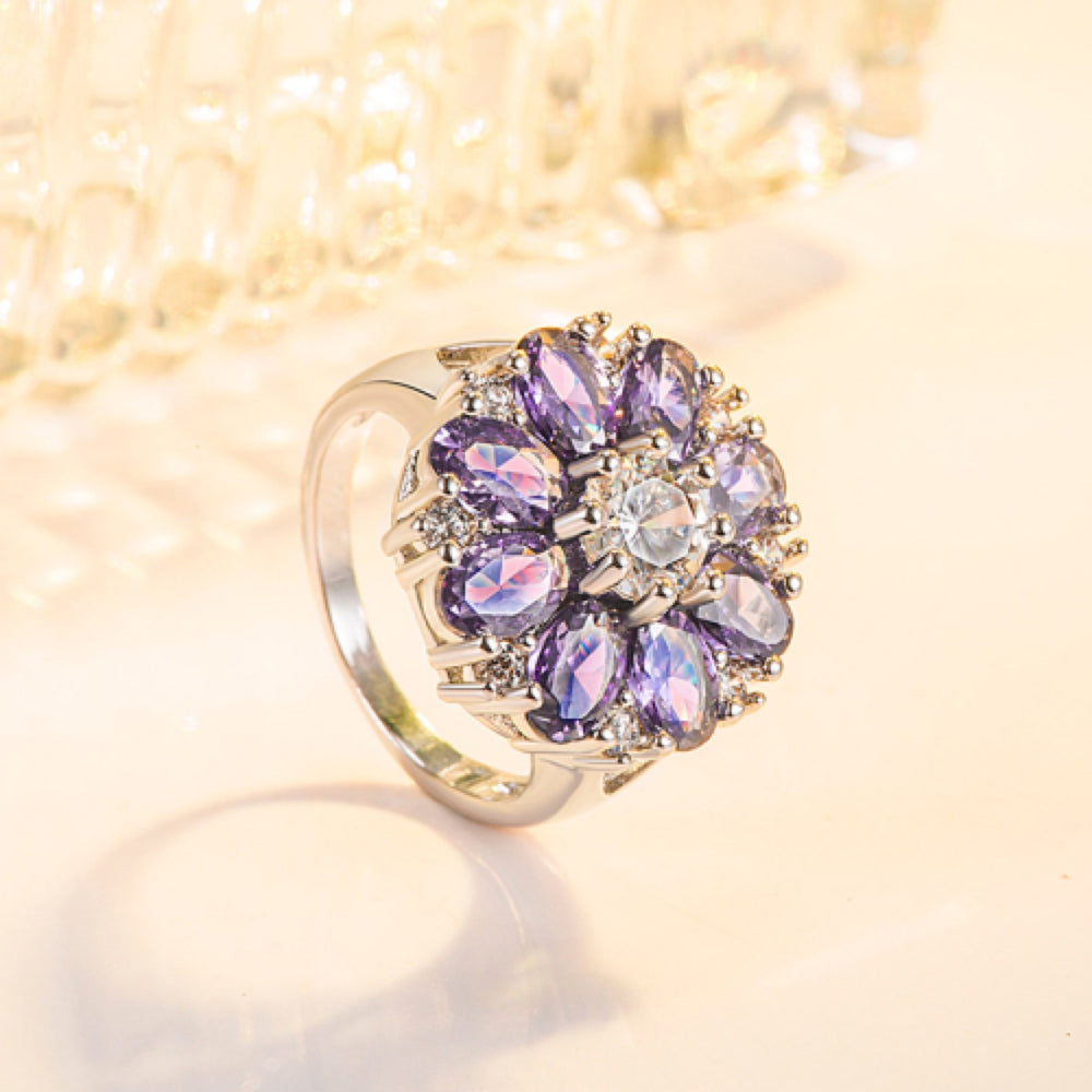 Silver-Tone Purple Oval Crystal Flower Petal Cocktail Ring