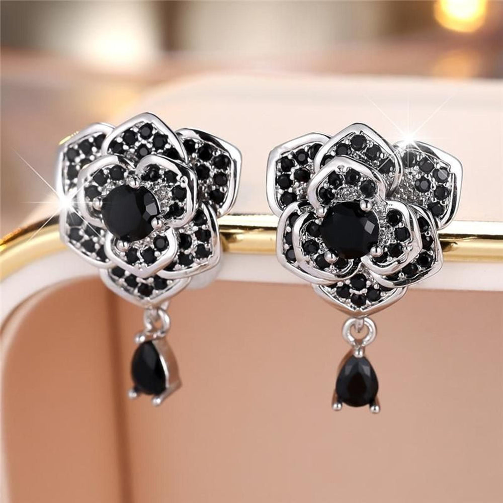 Silver-Tone Crystal-Set Black Crystal Rose Stud Earrings