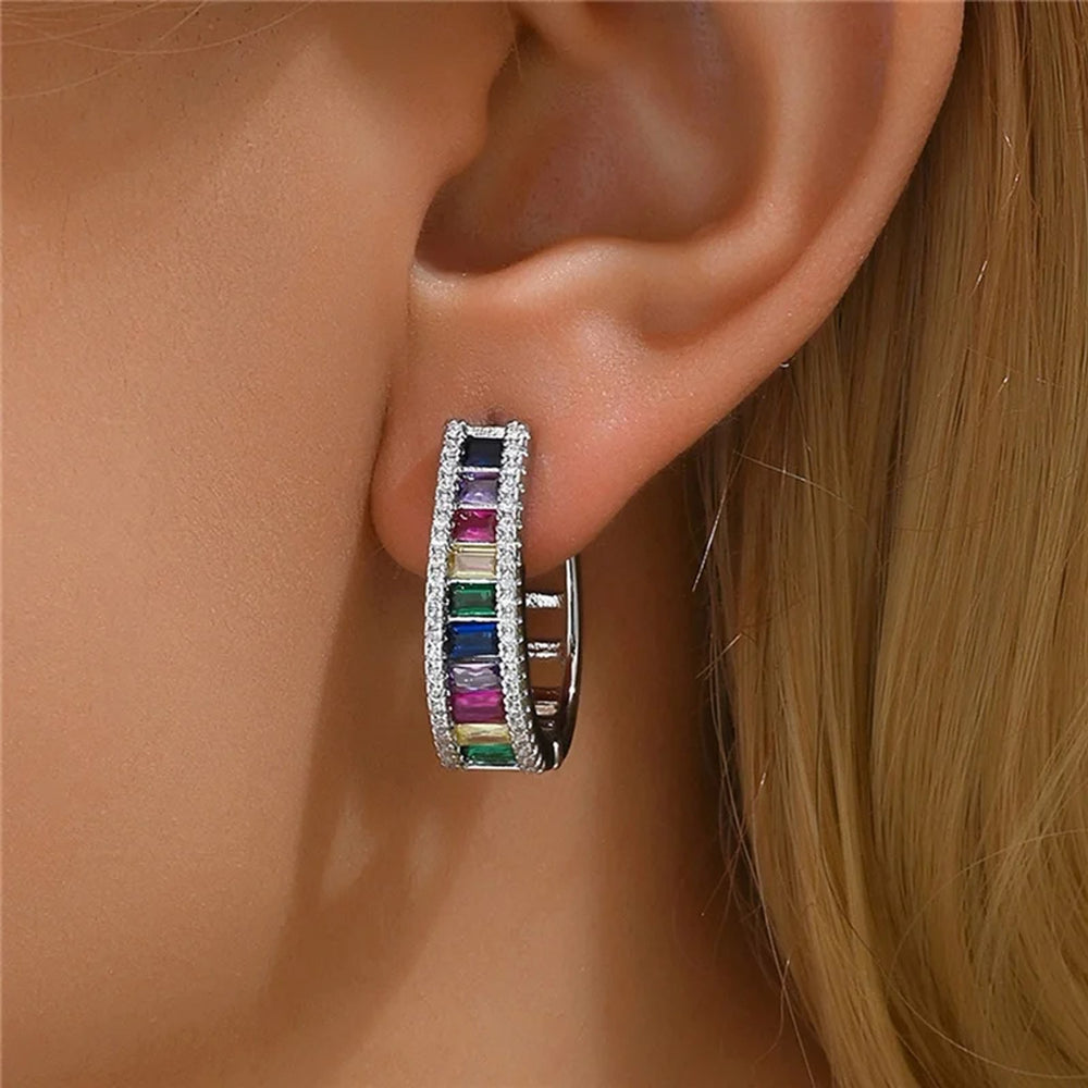 Silver-Tone Multicolor Geometric CZ Drop Earrings