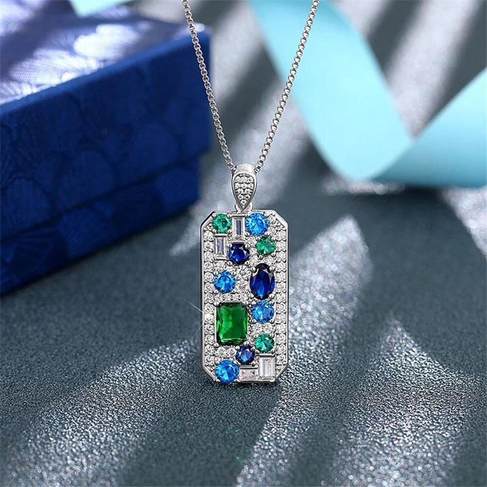 Silver-Tone White Geometric Crystal Tag Pendant Necklace