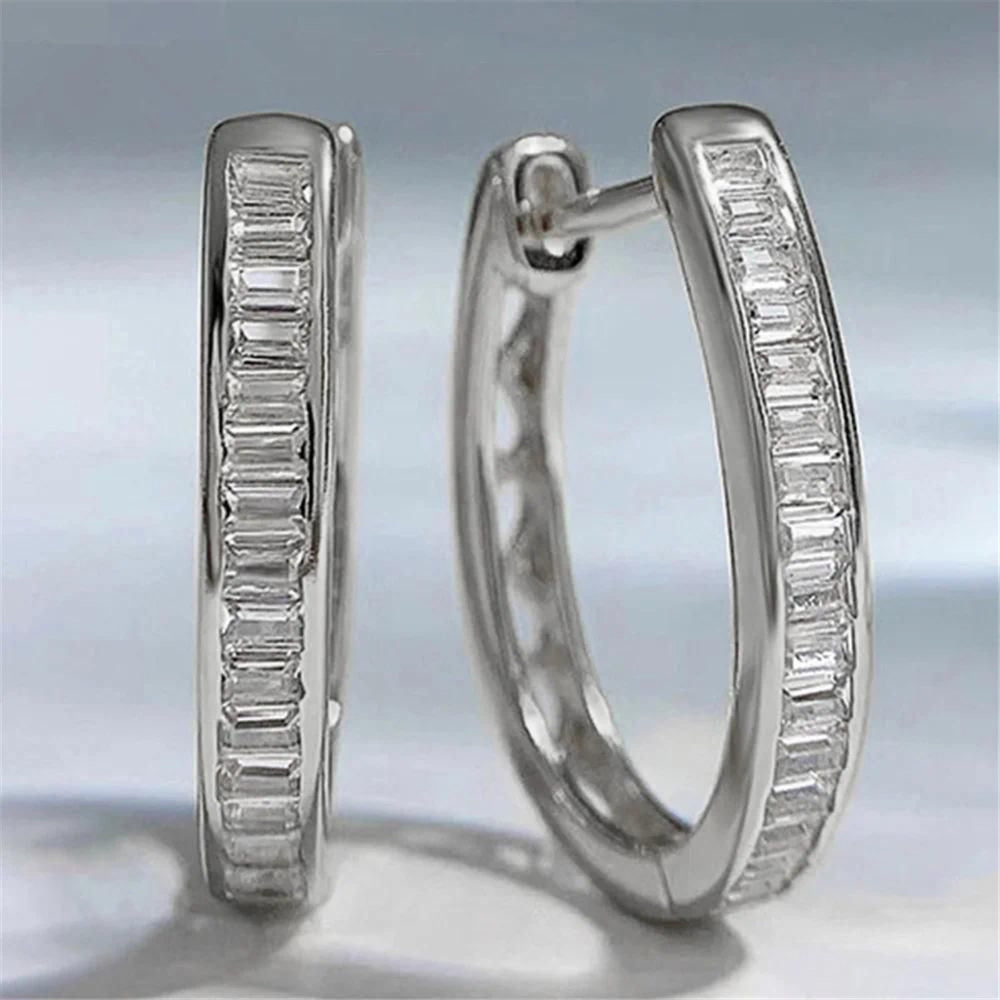 Silver-Tone Baguette White Crystal Channel-Set Hoop Earrings