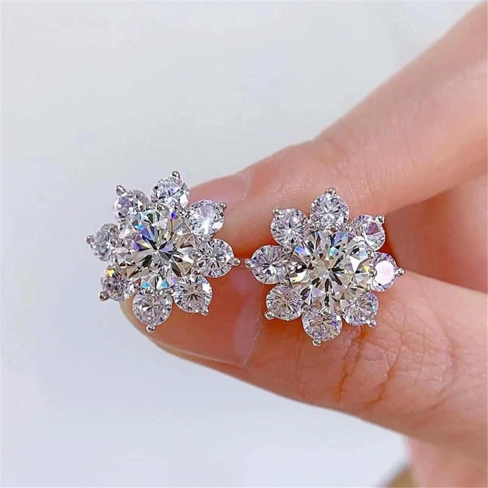 Silver-Tone Double-Layer CZ Sunflower Halo Stud Earrings