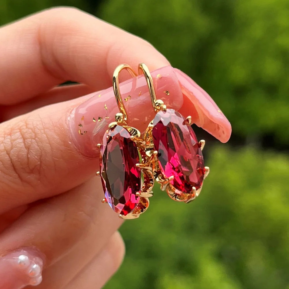 Gold-Tone Raspberry Red Oval Crystal Drop Earrings