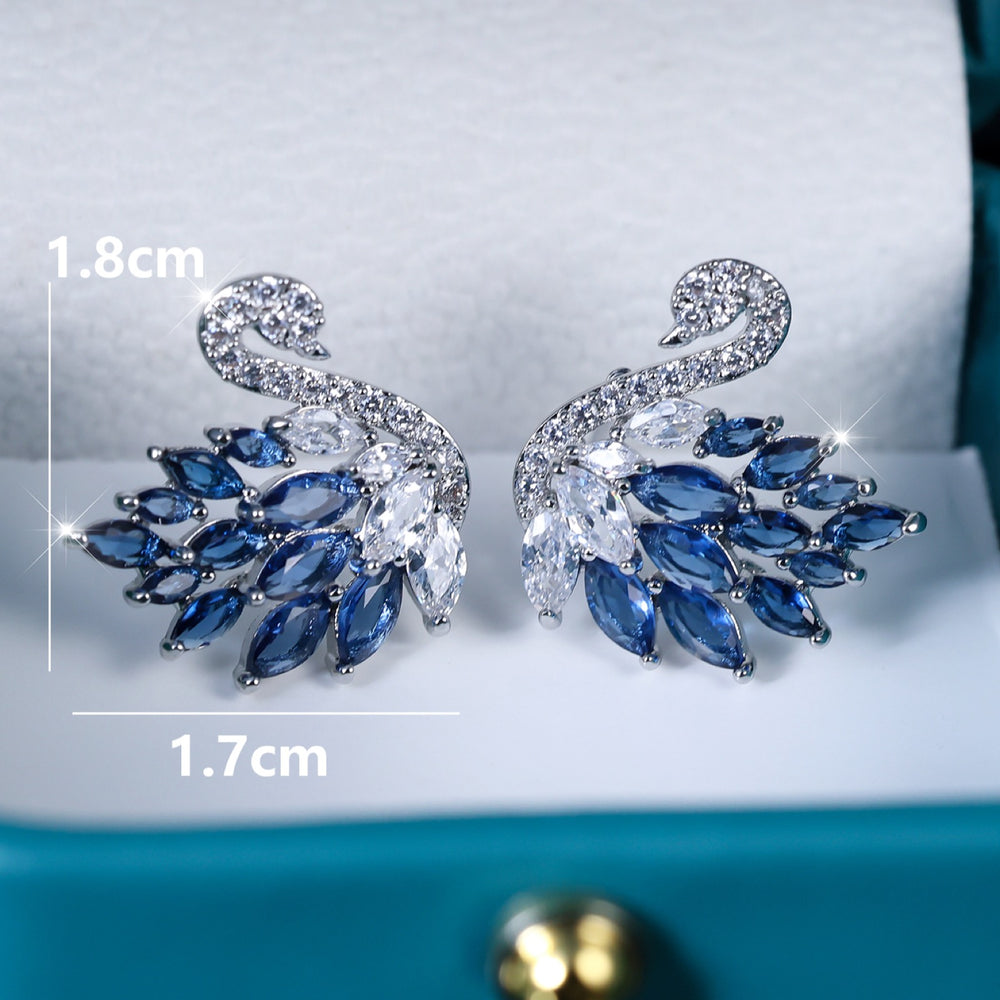 Silver-Tone Royal Blue & White Crystal Swan Stud Earrings