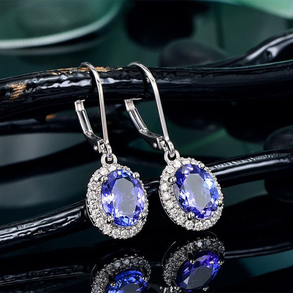 Silver-Tone Blue Oval CZ Halo Leverback Drop Earrings