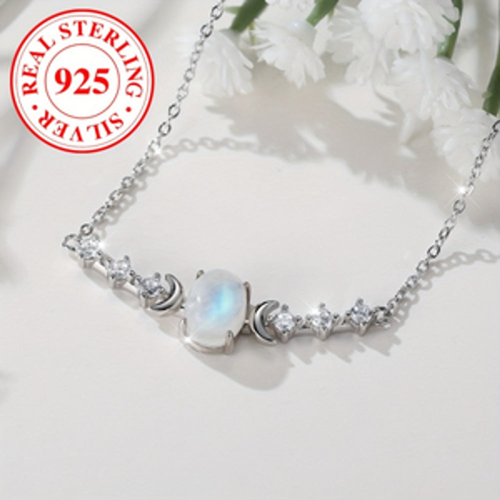 Sterling Silver Oval Moonstone-Look Stone Moon Necklace