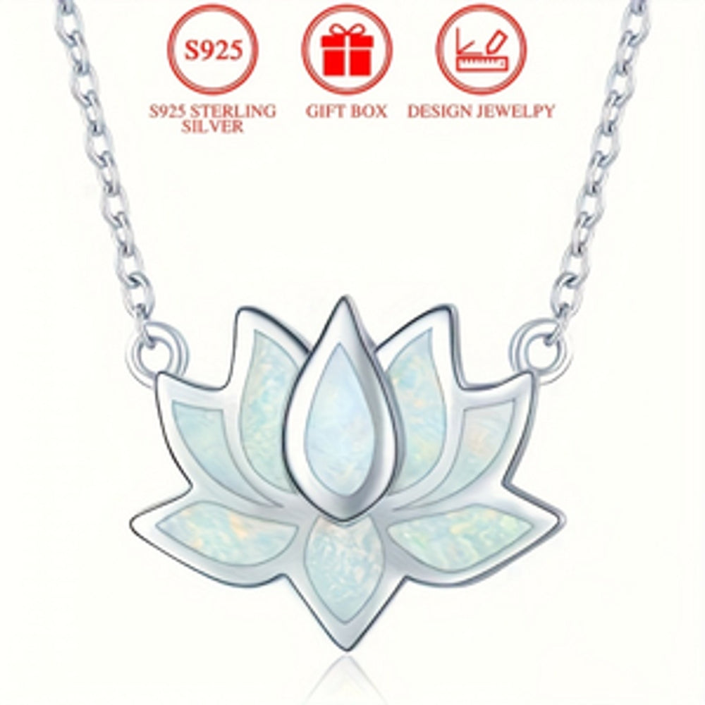 Sterling Silver White Simulated Opal Lotus Necklace