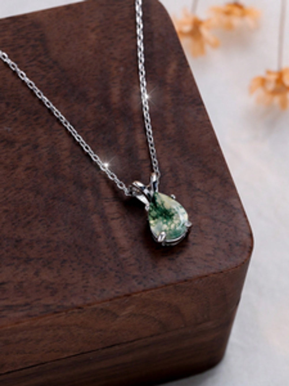 Sterling Silver Teardrop Agate-Look Stone Pendant Necklace