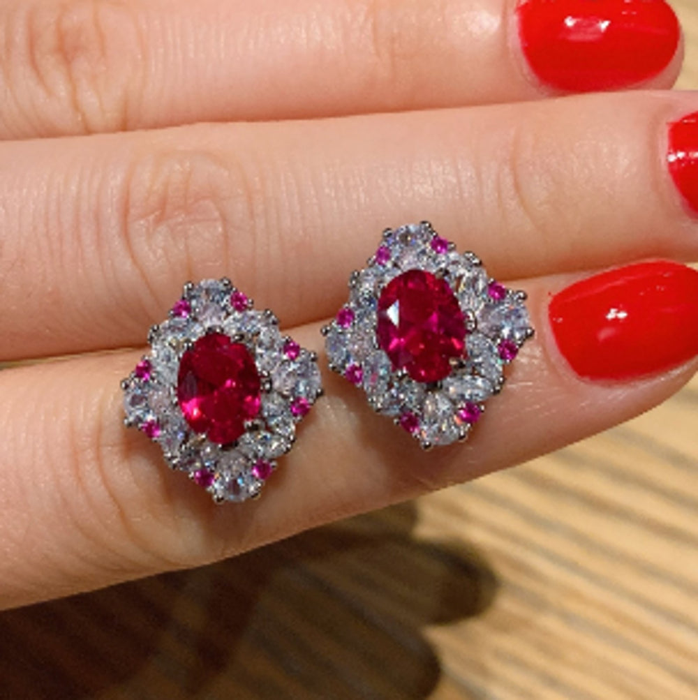 Silver-Tone Vintage-Style Garnet Red Oval Crystal Petal Stud Earrings