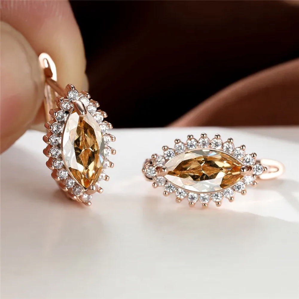 Rose Gold-Tone Champagne Marquise Crystal Halo Huggie Earrings