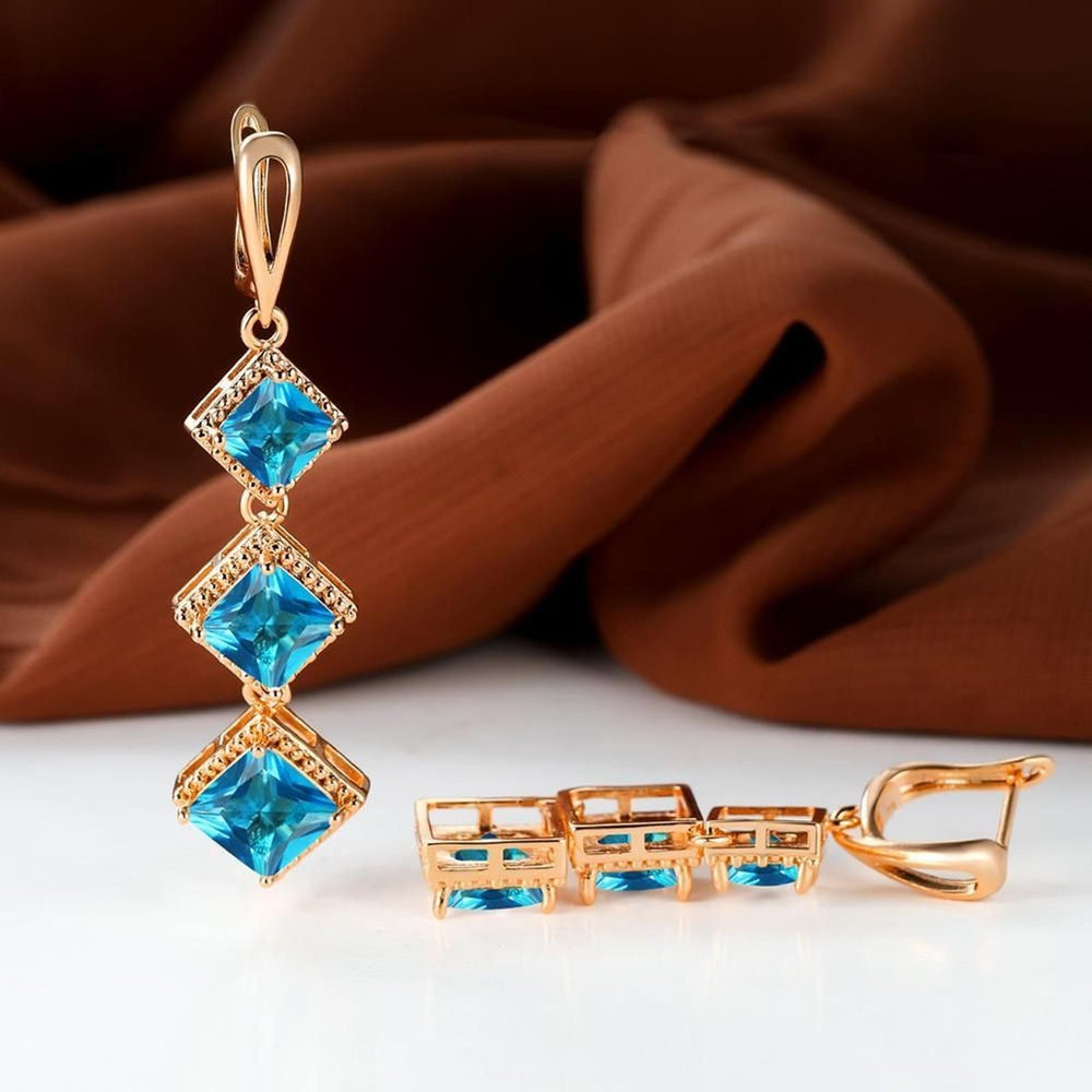 Rose Gold-Tone Boho Aqua Rhombus Crystal Drop Earrings