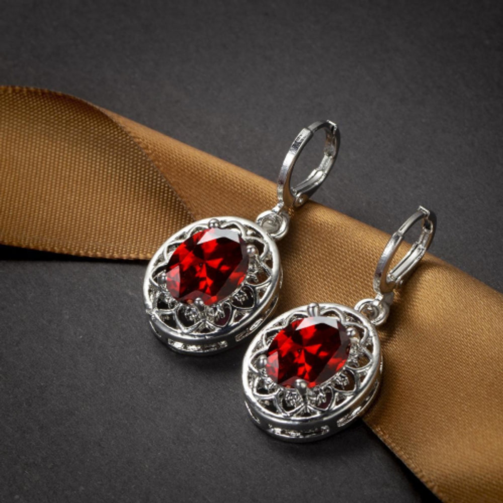 Silver-Tone Openwork Red Crystal Petal Huggie Earrings