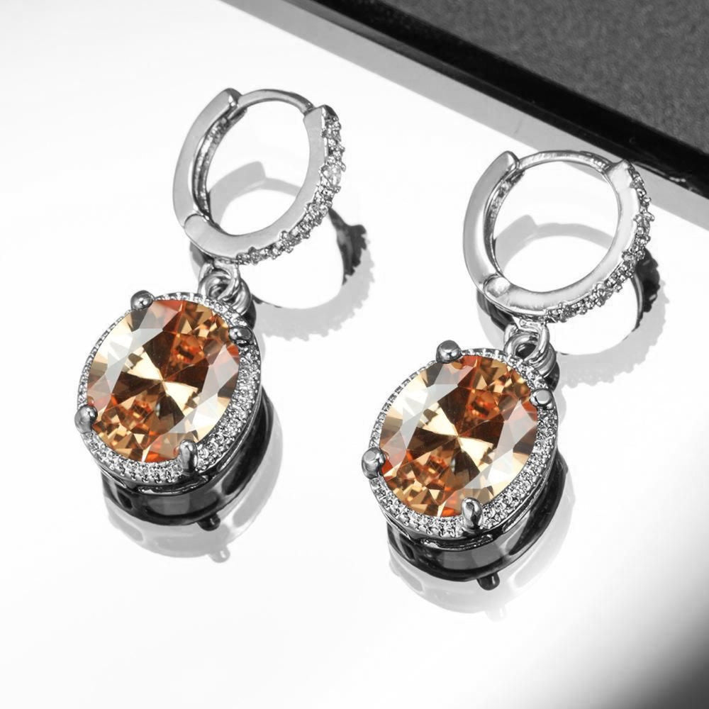Silver-Tone Champagne Oval Crystal Halo Drop Huggie Earrings