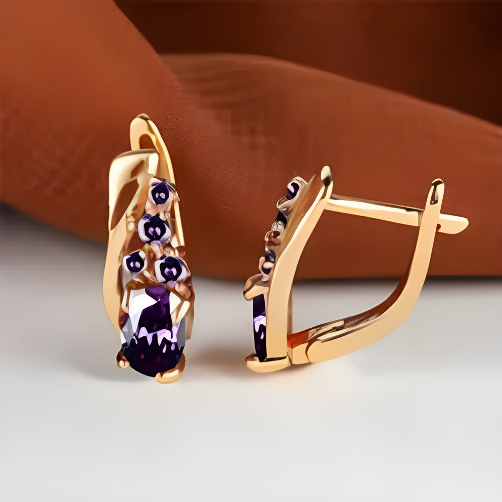 Champagne Gold-Tone Oval Purple Crystal Curved Huggie Earrings