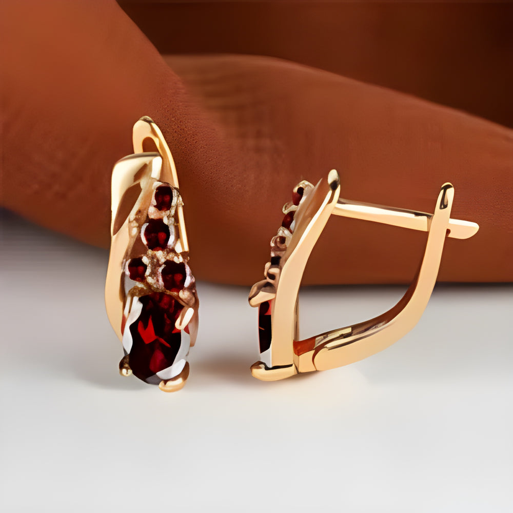 Champagne Gold-Tone Red Crystal Row & Oval Crystal Huggie Earrings