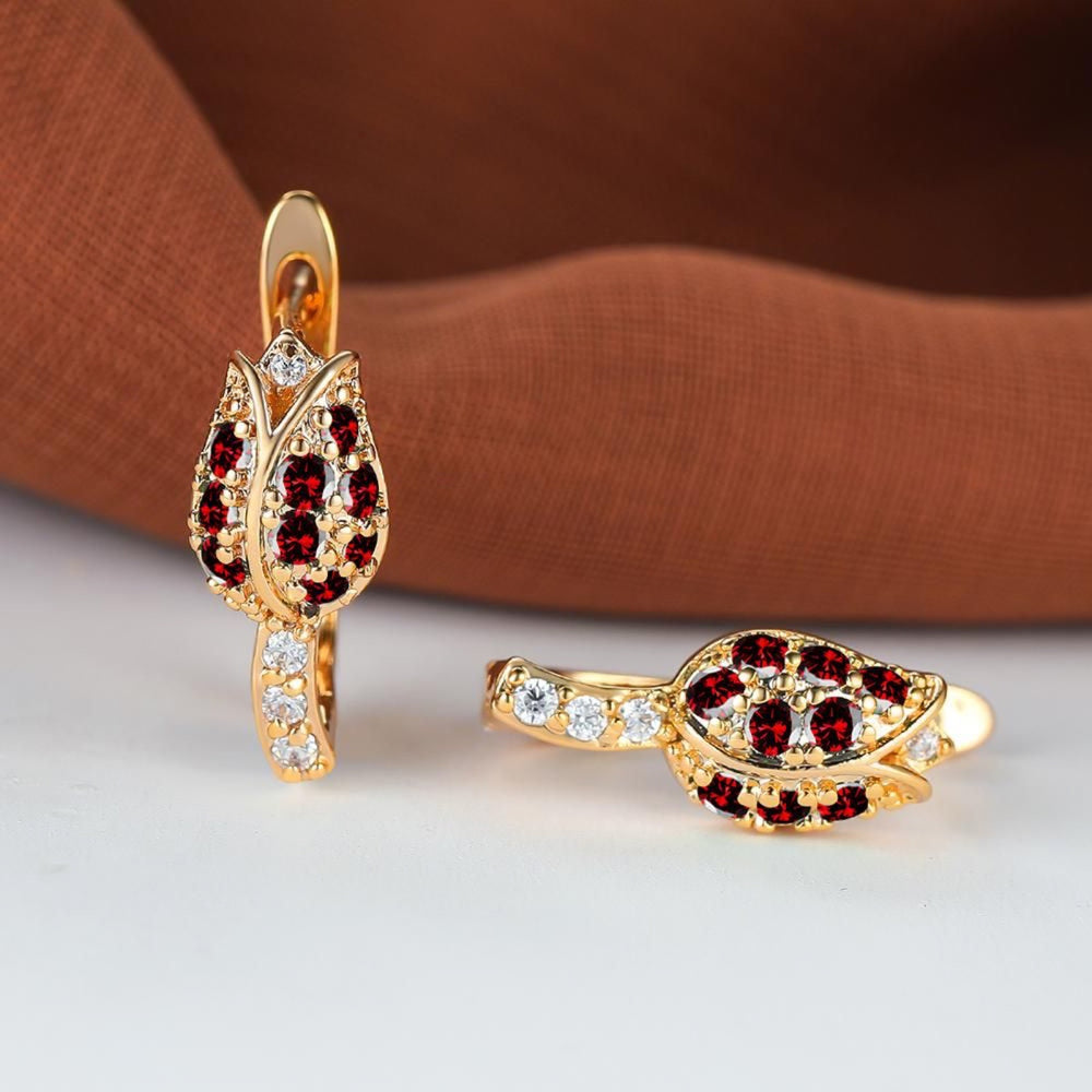 Champagne Gold-Tone Red Crystal Rosebud French-Back Huggie Earrings