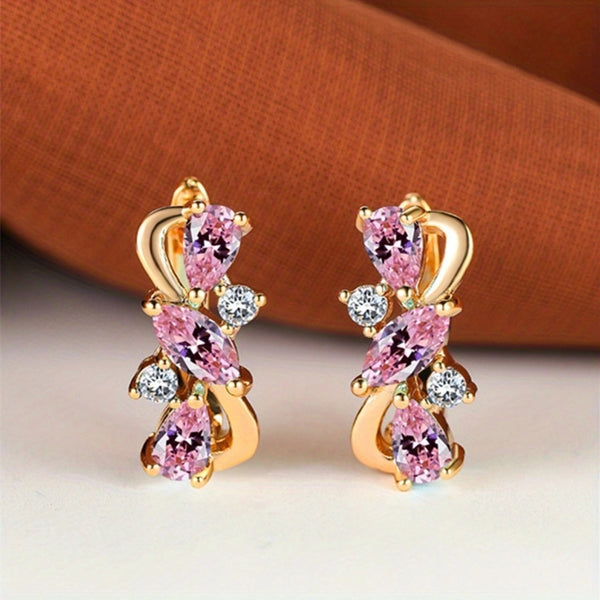 Champagne Gold-Tone Pink Teardrop & Marquise Crystal Huggie Earrings