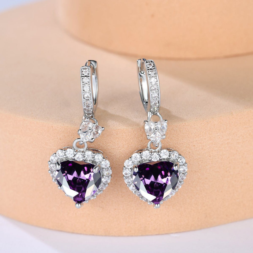 Silver-Tone Purple Glass Heart Crystal Halo Drop Earrings
