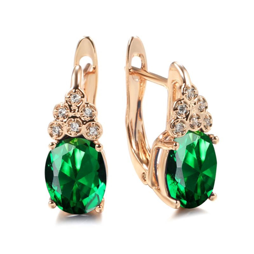 Champagne Gold-Tone Oval Green CZ Flower Accent Huggie Earrings