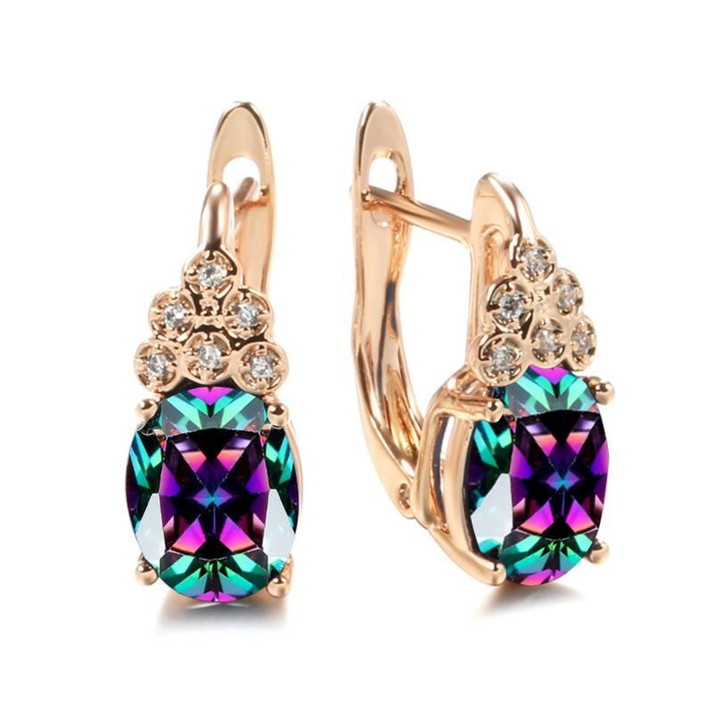 Champagne Gold-Tone Rainbow Oval CZ Huggie Earrings With Crystal Trio