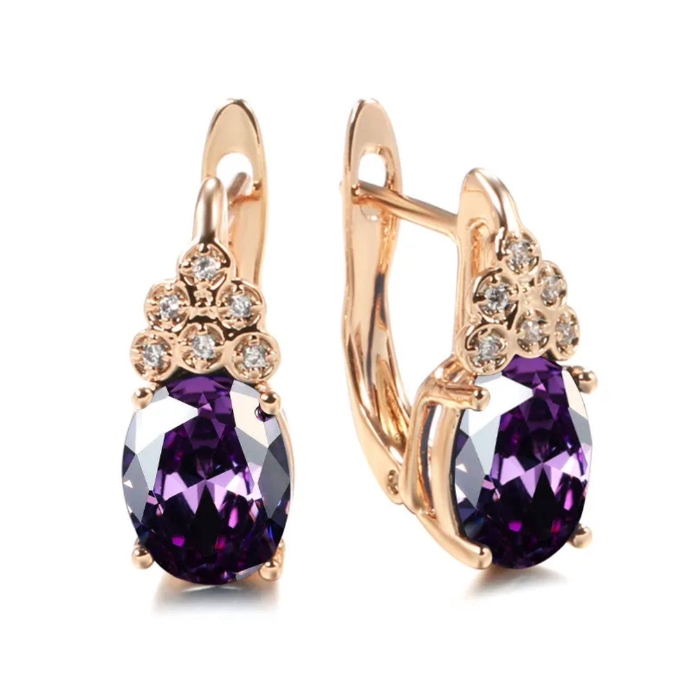 Champagne Gold-Tone Purple Oval CZ Flower Accent Huggie Earrings