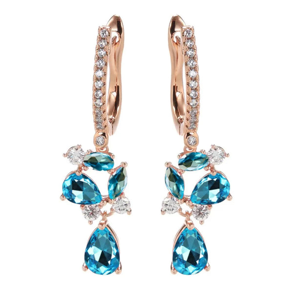Champagne Gold-Tone Aqua-Blue Crystal Flower Teardrop Drop Earrings