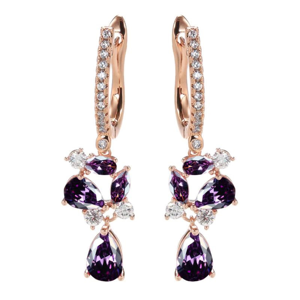 Champagne Gold-Tone Purple Crystal Flower Teardrop Drop Earrings