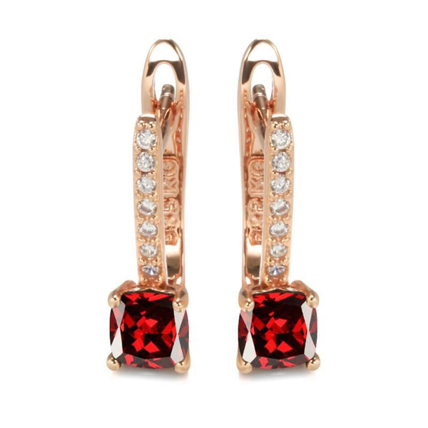 Champagne Gold-Tone Cushion Red Crystal Four-Prong Huggie Earrings