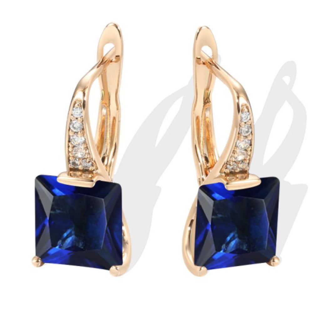 Champagne Gold-Tone Sapphire-Blue Square Crystal Huggie Earrings