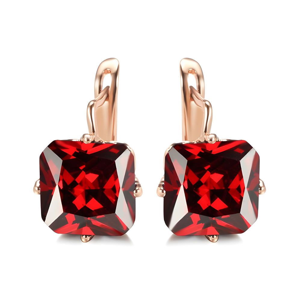 Champagne Gold-Tone Red Square Crystal Huggie Earrings