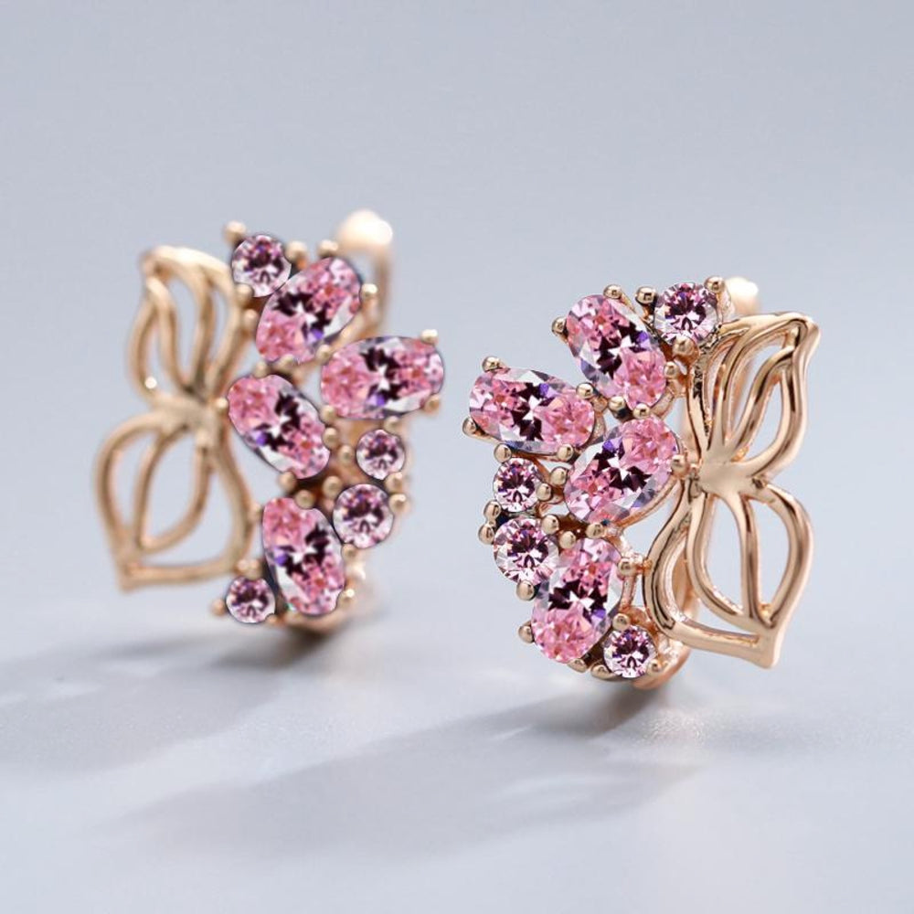 Champagne Gold-Tone Pink Crystal Butterfly Huggie Earrings