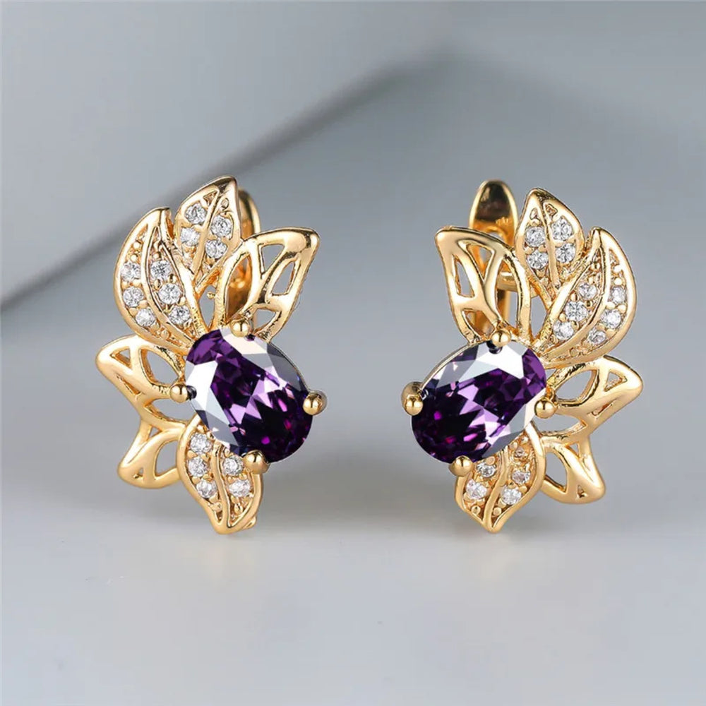 Champagne Gold-Tone Purple Oval CZ Goldfish Huggie Earrings