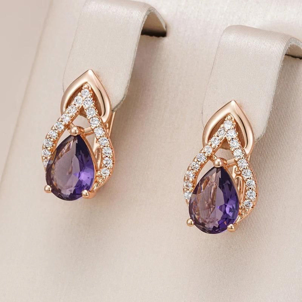 Champagne Gold-Tone Purple Glass Teardrop Pave Huggie Earrings