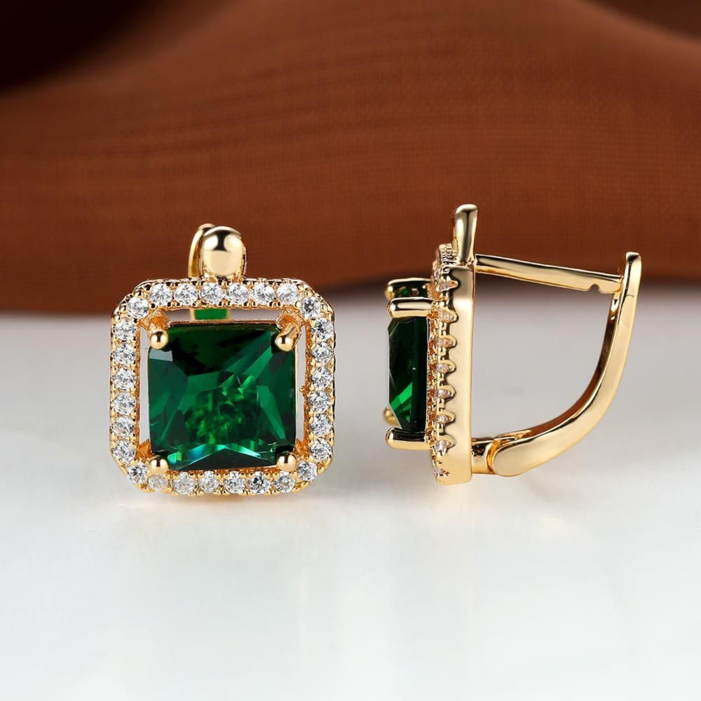 Champagne Gold-Tone Green Square Crystal Halo Huggie Earrings