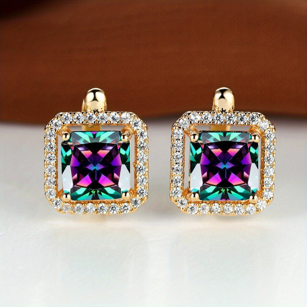 Champagne Gold-Tone Rainbow Crystal Square Halo Huggie Earrings