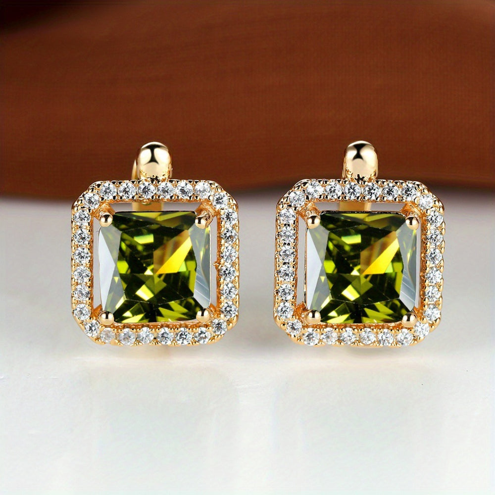 Champagne Gold-Tone Olive-Green Square Crystal Halo Huggie Earrings