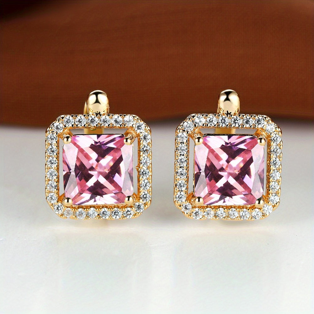 Champagne Gold-Tone Vintage-Style Pink Square Crystal Huggie Earrings