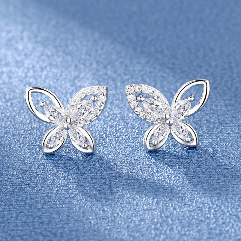 Silver-Tone Cubic Zirconia Openwork Butterfly Stud Earrings