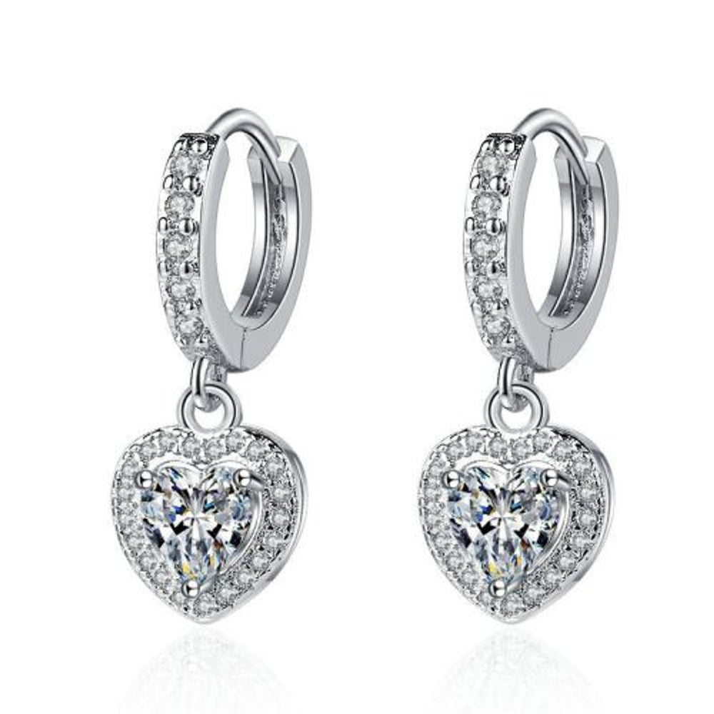 Silver-Tone Pave White Crystal Heart Huggie Earrings