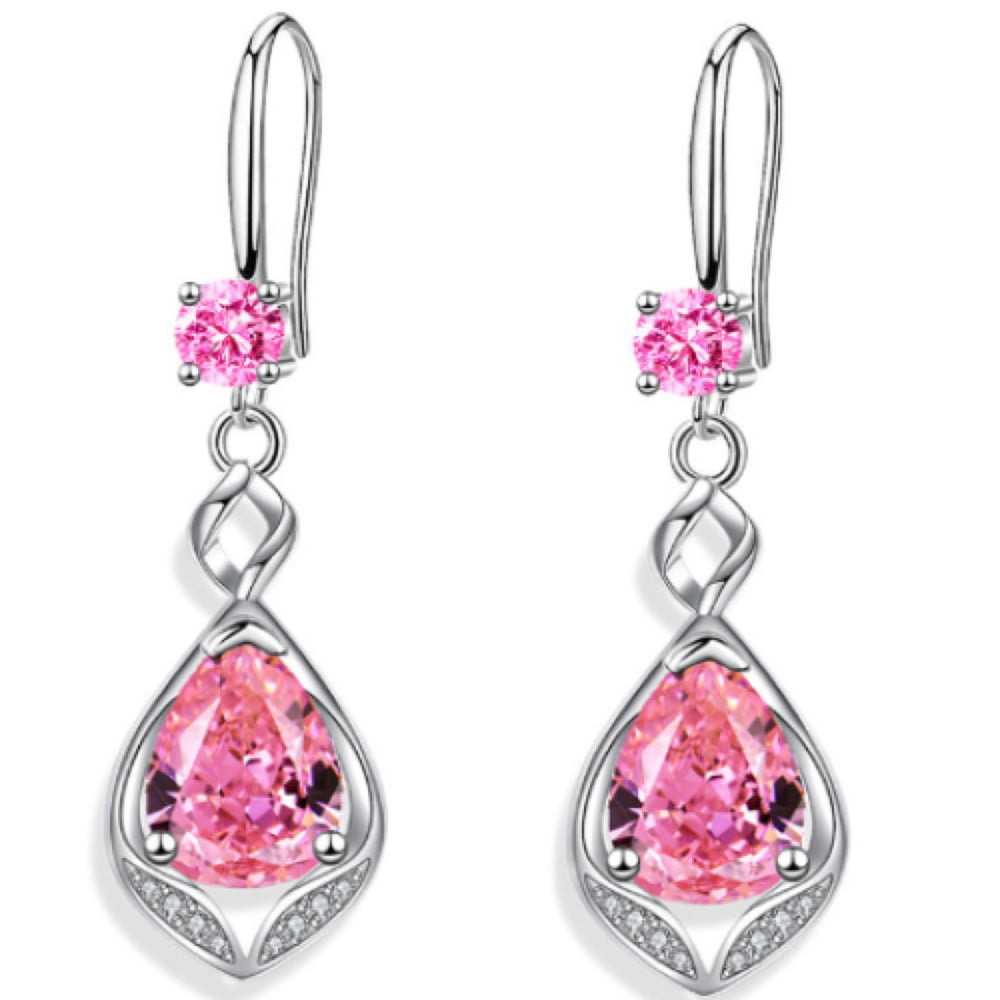 Sterling Silver Pink Crystal Twisted Teardrop Drop Earrings