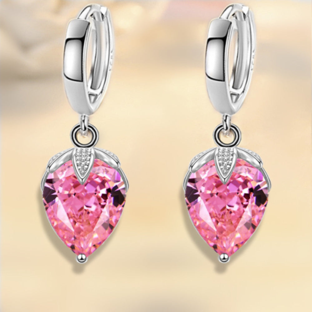 Silver-Tone Pink Pear Crystal Teardrop Huggie Earrings